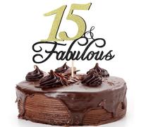 15 & Fabulous Birthday Cake Topper Black Gold Glitter Cake Topper for 15th Happy Birthday Anniversary Party Decoration Supplies