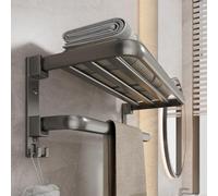 15" Foldable Towel Rack Shelf With Hooks, Gunmetal Wall Mounted Storage For Bathroom, Lavatory, Hotel - Rustproof Heavy Duty