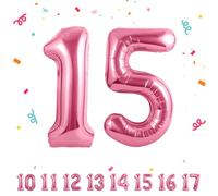 15 Giant Helium Pink Number Balloons for Birthday Party Decor, 40 Inch Foil Number Balloons for Women Men's 15th Birthday, Anniversary Party Decorations