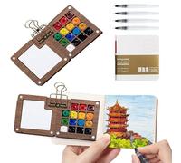15 Grid Mini Walnut Paintbox - Portable Travel Watercolor Palette and Sketchbook Set with Clips and Pens -Convenient Painting Kit and Traveling Artists（Paint Not Include）