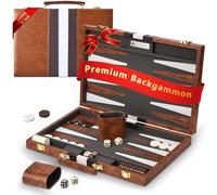 15 Inch Backgammon Set With Premium Leather Case, Portable Board Game With Acrylic Playing Pieces & Wooden Dice Cups, 2-Player Strategy Game For Adults, Brown