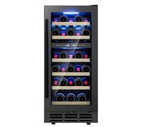 15 Inch Dual Zone Wine Refrigerator, 28 Bottle Under Counter Wine Fridge for Built-In or Freestanding, Wine Cooler with Removable Shelves, Double-Layer Glass Door, for Home, Office (Black)