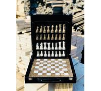 15-Inch Handcrafted Marble Chess Set with Black Faux Leather Gift Box - Premium Stone Chess Board & Pieces (Grey White)