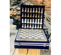 15-Inch Handcrafted Marble Chess Set with Blue Velvet Gift Box - Stone Chessboard & Carved Pieces (Grey White)
