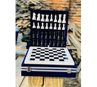 15-Inch Handcrafted Marble Chess Set with Blue Velvet Gift Box - Stone Chessboard & Carved Pieces (White Black)