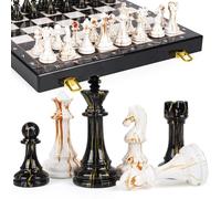 15" Large Chess Set for Adults with Weighted Acrylic Chess Pieces 3.5" King & Portable Folding Marbling Wooden Chess Board Travel Chess Sets Family Board Game Gift - Elegant Classic Chess Game