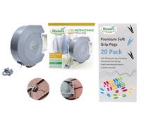 15 Metre Automatic Retractable Clothes Line - Heavy-Duty Wall-Mounted Extendable Washing Line for Indoor & Outdoor Use - Space-Saving Laundry Drying Solution - Grey & Pack of 20 Premium Soft Grip Pegs