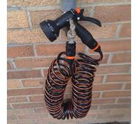 (15 Metre Set) Spiral Garden Hose Set with 9-Pattern Spray Gun, Black and Orange, Flexible Rewind Design, Quick Connectors, 10-15m Length