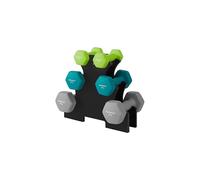 SONGMICS Set of 6 Dumbbells with Storage Stand, Hand Weights with Neoprene Coating, Hexagonal Dumbbells, 1 kg, 2 kg, 3 kg, Home Workout, Fitness, Bright Green, Turquoise, and Light Grey SYL612GN