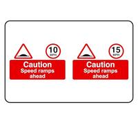15 mph Caution Caution Speed Ramps Speed Ramps Ahead Ahead - safety sign - High tack self-adhesive sticker (150mm x 100mm) Viewing Distance within 3m.