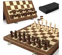 15" Natural Walnut Magnetic Chess & Draughts Game Folding 2 in 1 Board Game with 3" King Staunton Coins and 2 Extra Queens Ladies and Storage Bag