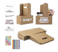 15 Pack 2 Drink Holders with Handles, Portable Foldable Kraft Paper Cup Holders, Disposable To Go Coffee Cup Holder for Cold/Hot Drinks, Cafes, Flowers (Includes 15 Exquisite Stickers)