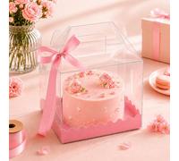 15 Pack Clear Cake Boxes 6 x 6 x 8.3 Inch, Transparent Bakery Gift Boxes with Pink Base and Ribbon, Thick PET Cake Carrier Boxes with Handle for Cupcakes Cookies Mini Cakes Wedding Birthday Party (15)