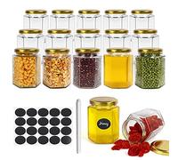 15 Pack Hexagonal Glass Jars with Gold Lids - 6 oz, 180 ml Clear Glass Canning Jars for Honey, Spices, Herbs, Jams, Shower Favors, Wedding Favors, Craft - 1 Pen and Labels Included
