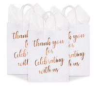 15-Pack Medium Sized Gift Bags with Tissue Paper for Wedding, Rose Gold Foil Thank You for Celebrating With Us Bags with Handles, Kraft Paper (25.5 x 20.5 x 10 cm)