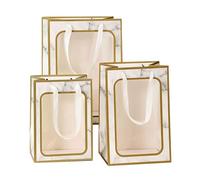 15-Pack Retro Marble Window Tote Bags Clear PVC Front, Sturdy Snack and Party Favor Packaging for Weddings, Events(White and gold)