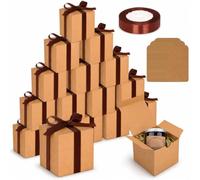 15 Pack Small Cardboard Boxes, Brown Kraft Gift Boxes with Lids 10x10x10cm | Square Favour Box with Satin Ribbon & Blank Tags, Present Box for Wedding Birthday Christmas Party Favors Jewelry Candle