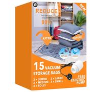 15 Pack Vacuum Storage Bags with Electric Pump (3 Jumbo, 3 Large, 3 Medium, 3 Small, 3 Roll Up), Space Saver Sealer Compression Bags for Blankets, Comforters, Pillows, Clothes Storage