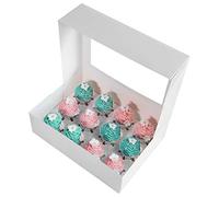15-Packs ONE MORE White Cupcake Boxes,Food Grade White Pop-up Bakery Boxes with Inserts and Display Windows 13.8 x 9.5 x 4inch Fits 12 Cupcakes or Muffins,Pack of 15