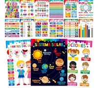 15 Packs Spanish & English Educational Posters, Thick Elementary Bilingual Poster Waterproof & Tearproof with PET Film, Early Language Learning Tool Educational Posters for Kindergarten Preschool