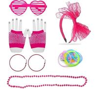 15 PCS 80s Clothing Accessories Makeup Set, Lace Hair Accessories Neon Necklaces Vintage Earrings Fishnet Gloves Colorful Silicone Bracelet Heart Glasses, 80s Retro Party Themed Party