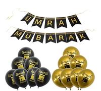 15 Pcs Black Gold Umrah Mubarak Decoration Set, Eid Mubarak Decorations with 1 Black Gold Banner and 14 Umrah Balloons 12inch, Ramadan Balloons for Ramadan Party Decor