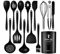 15 Pcs Black Silicone Kitchen Utensils Set BPA Free Non Stick Kitchen Cooking Utensils Set,Heat Resistant Kitchen Utensils with Tongs Spatula Spoon Brush Whisk for Nonstick Cookware Dishwasher Safe