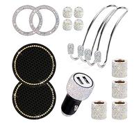 15 Pcs Bling Car Accessories Girls Interior, Car Decorations Interior Women, Girly Diamond Car Accessorie Cool Sparkly, USB Charger Coasters Cup Holders Silicone Car Hooks Bags Rhinestone Gifts Set