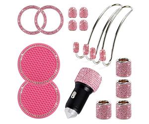 15 Pcs Bling Car Accessories Girls Interior, Car Decorations Interior Women, Girly Diamond Car Accessorie Cool Sparkly, USB Charger Coasters Cup Holders Silicone Car Hooks Bags Rhinestone Gifts Set