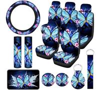 15 Pcs Butterfly Car Seat Covers for Women Trendy Car Front Rear Seat Covers Steering Wheel Cover Wrist Strap Car Coasters Blue Butterfly