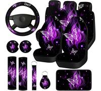15 Pcs Butterfly Car Seat Covers Full Set Butterfly Front Rear Seat Covers Steering Wheel Cover Wrist Strap Coasters Armrest Shoulder Pads (Purple Glitter Butterfly Style)