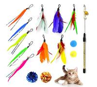 15 Pcs Cat Toys Puppy Indoor Pet Kitty Kitten Catcher Spare Bird Feather Worm Bells Fluffy Crinkle Balls Interactive Hook Teaser Wand Fishing Rod Stick Colourful Training Fun Play Set Refills Crinkle