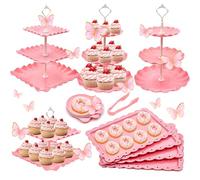 15 PCS Dessert Table Display Set Pink Cupcake Stand,3 Tiered Tray Stand Cup Cake Tower Holder, Cake Stand Serving Trays Dessert Display Stands for Tea Party Wedding Baby Shower Girl-Pink