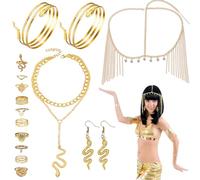 15 Pcs Egyptian Costume Accessories Set, Include Headpiece Tassel Cobra Necklace Swirl Snake Armband and 10pcs Rings, Ancient Egypt Dress Up for Women Vintage Party, Halloween Costume