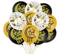 15 Pcs Eid Mubarak Balloons, 12 Inch Helium Balloons (5 Gold, 5 Black, 5 Paper), Muslim Decorating Parties, Gold Ribbon, Perfect for Home, Family, Unisex Adults, Outdoor Party Supplies