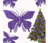 15 PCS Glitter Christmas Tree Butterfly Ornaments, Hollow Butterfly Christmas Decorations with Clips, Artificial Butterfly Ornaments Decoration for Christmas Tree, DIY Xmas Wreath Decor - Dark Purple