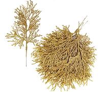15 Pcs Gold Glitter Artificial Cedar Sprigs Picks Faux Cedar Branches Stems Christmas Tree Picks Sprays 15.4" H for Gold Christmas Tree Wreath Wedding Bouquet Winter Seasonal Holiday Decoration