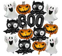 15 PCS Halloween Boo Balloons Set - White Ghost, Black Bat, 16 Inch ‘BOO’ Letter, Orange Pumpkin Aluminum Foil Balloons for Happy Boo Day Themed Party Decorations