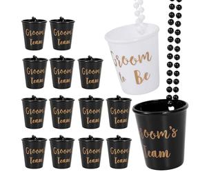15 PCS Hen Party Shot Glasses, Plastic Beaded Bridal Shot Glasses Necklace, Hen Do Accessories - 1 Bride/Groom & 14 Team, Party Favours for Stag Do Bachelorette Bridal Shower (White & Black)