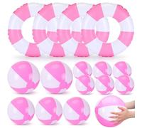 15 Pcs Inflatable Swimming Float Supplies Set, 22.8" Striped Swim Ring & 5.9" 9" 11.8" Beach Ball Summer Family Activities for Pool Beach Party Supplies(Pink)(Pink)