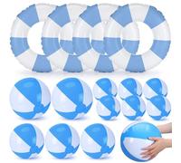 15 Pcs Inflatable Swimming Float Supplies Set, 22.8" Striped Swim Ring & 5.9" 9" 11.8" Beach Ball Summer Family Activities for Pool Beach Party Supplies(Pink)(Blue)