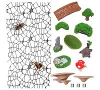 15 Pcs Jumping Spiders Hide Accessories, Jumping Spider Bridge Web Net, Mini Mountain Pond Trees Lawn Figurines Garden Mushroom Platform Decorations for Jumpings Spider Habitat Tank Enclosure Decor