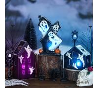 15 Pcs Lighted Halloween Village Accessories Spooky Figurines Miniatures Set Include 3 LED Ceramic Halloween Haunted Houses 2 Birch Tree 8 Pine Tree and 2 Streetlamps Tabletop Ornament for Table Decor