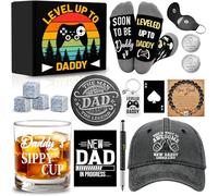 15 Pcs New Dad Gifts, Unique Dad Gift with 11 oz Daddy's Sippy Cup Whiskey Glass 4 Whiskey Stones Coaster Hat Sock Bracelet Decision Coin Keychain, Father's Day Christmas Gift for New Daddy, Husband