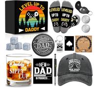 15 Pcs New Dad Gifts, Unique Dad Gift with 11 oz Daddy's Sippy Cup Whiskey Glass 4 Whiskey Stones Coaster Hat Sock Bracelet Decision Coin Keychain, Father's Day Christmas Gift for New Daddy, Husband