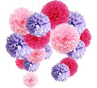 15 pcs Pompom Decorations Tissue Pom Poms Paper Flower Ball for Wedding Festival Party Purple, Pink and Rose (30.5 cm / 25 cm / 15.5 cm).