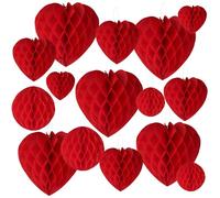 15 Pcs Red Paper Honeycomb Heart and Round Hanging Balls - Valentines Decoration Kit With Pom Poms for Romantic Wedding, Anniversary Party Decors