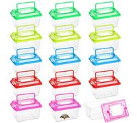 15 PCS Reptile Terrarium Boxes, Portable Transparent Plastic Cages with 5 Color Lids, 5 x 3.4 x 3.4 in, for Turtle, Snake, Spider, and Fish