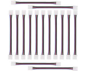 15 Pcs RGB LED Light Strip Connector Kit,4 Pin Conductor 10mm Wide Strip to Controller Jumper Solderless Clamp On Pigtail Adapter for 5050 Color Changing Flexible LED Strip Light