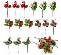 15 Pcs Small Fake Berries Pine Cones, Fake Christmas Holly Stems, Artificial Pine Red Berries Picks for Wreaths, Garlands, Centerpieces (5 Styles)
